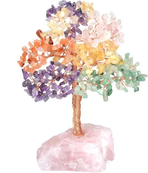 Natural Gemstone Crystal Tree of Life, Multi Stone Chakra Tree with Rose Quartz Base Healing Crystals for Positive Energy Feng Shui Home Decor and Wealth and Luck