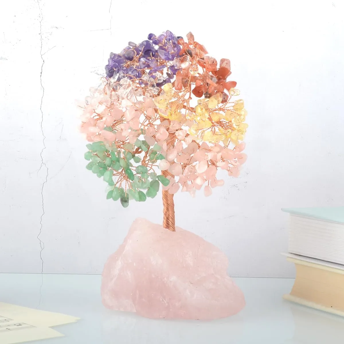 Natural Gemstone Crystal Tree of Life, Multi Stone Chakra Tree with Rose Quartz Base Healing Crystals for Positive Energy Feng Shui Home Decor and Wealth and Luck