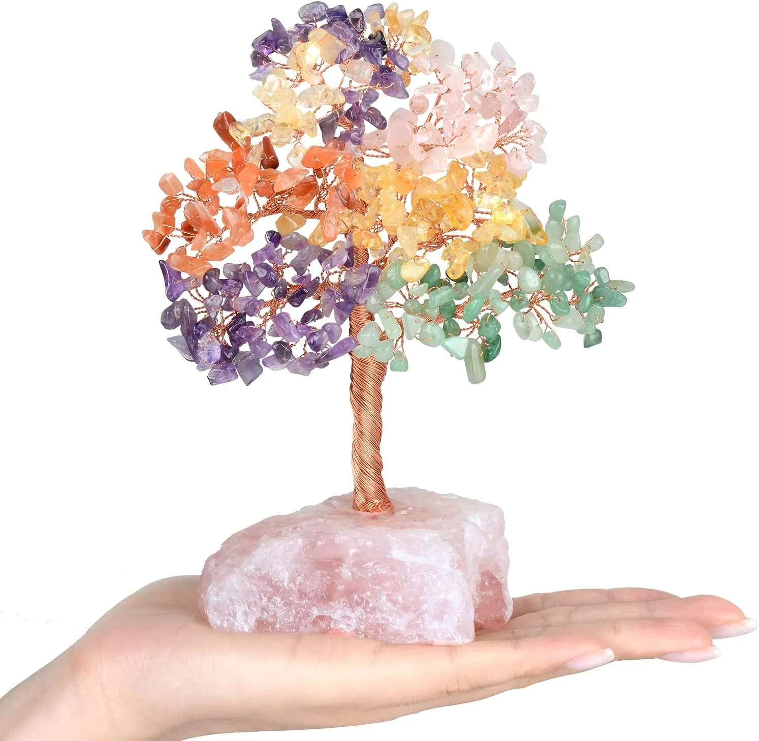 Natural Gemstone Crystal Tree of Life, Multi Stone Chakra Tree with Rose Quartz Base Healing Crystals for Positive Energy Feng Shui Home Decor and Wealth and Luck