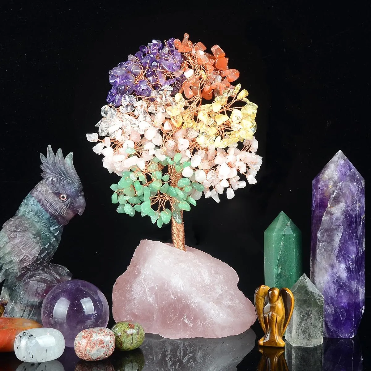 Natural Gemstone Crystal Tree of Life, Multi Stone Chakra Tree with Rose Quartz Base Healing Crystals for Positive Energy Feng Shui Home Decor and Wealth and Luck