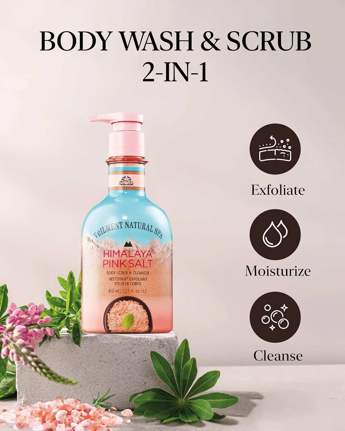 NATURAL HIMALAYA PINK SALT SPA 2-in1 BODY WASH & BODY SCRUB(13.53fl.oz) - Natural Exfoliating Salt Scrub for Deep Cleansing - Exfoliate & Moisturize Skin Polishes