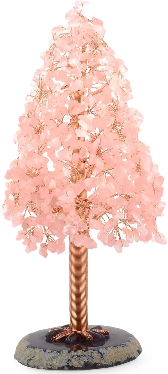 Natural Rose Quartz Crystal Christmas Tree,Gemstone Crystal Tree of Life-Agate Slice Base,Chakra Balancing Home Decor Feng Shui Bonsai Money Tree,Positive Energy Gift Size 10.3"