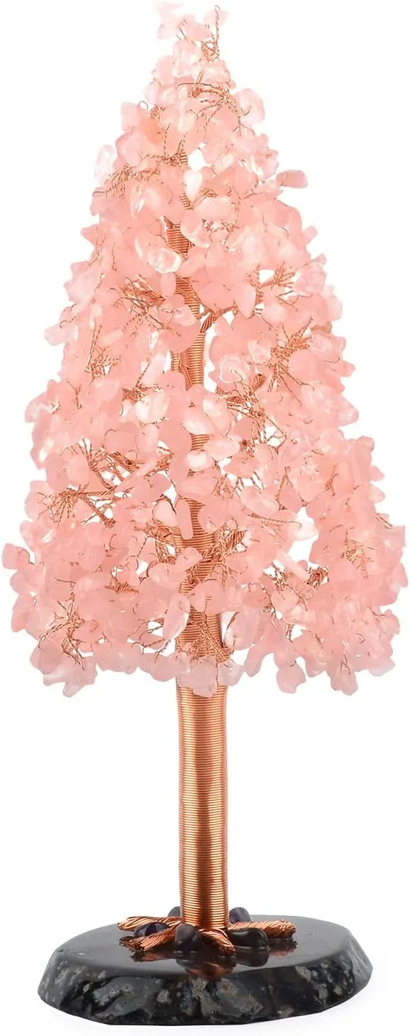 Natural Rose Quartz Crystal Christmas Tree,Gemstone Crystal Tree of Life-Agate Slice Base,Chakra Balancing Home Decor Feng Shui Bonsai Money Tree,Positive Energy Gift Size 10.3"