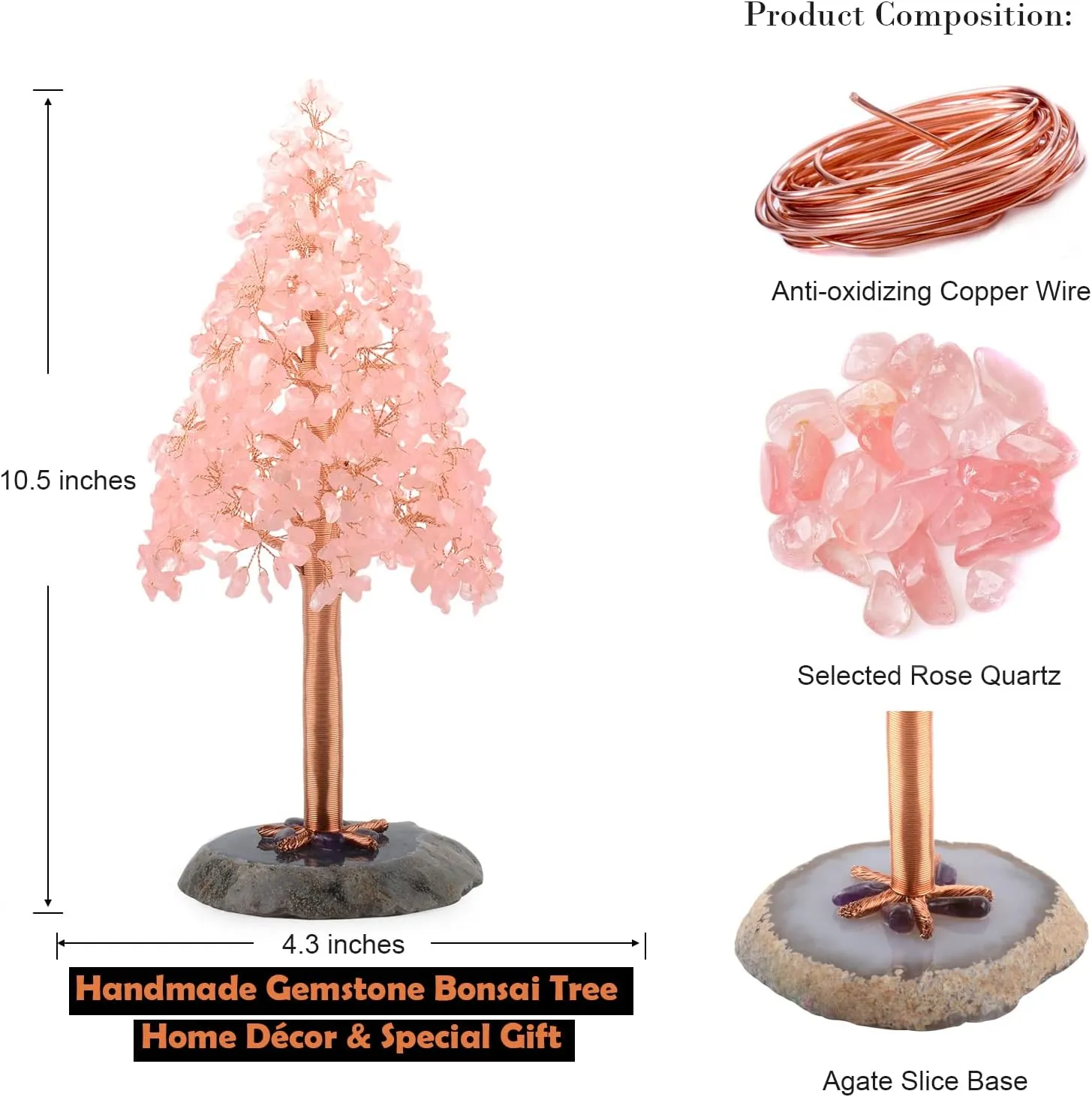 Natural Rose Quartz Crystal Christmas Tree,Gemstone Crystal Tree of Life-Agate Slice Base,Chakra Balancing Home Decor Feng Shui Bonsai Money Tree,Positive Energy Gift Size 10.3"