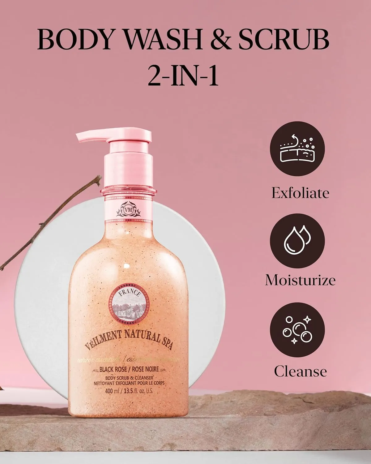 NATURAL SPA 2-in-1 BODY WASH & BODY SCRUB BLACK ROSE(13.53fl.oz) - Natural Exfoliating Salt Scrub for Deep Cleansing - Effective on Scars & Wrinkles - Exfoliate & Moisturize Skin Polishes