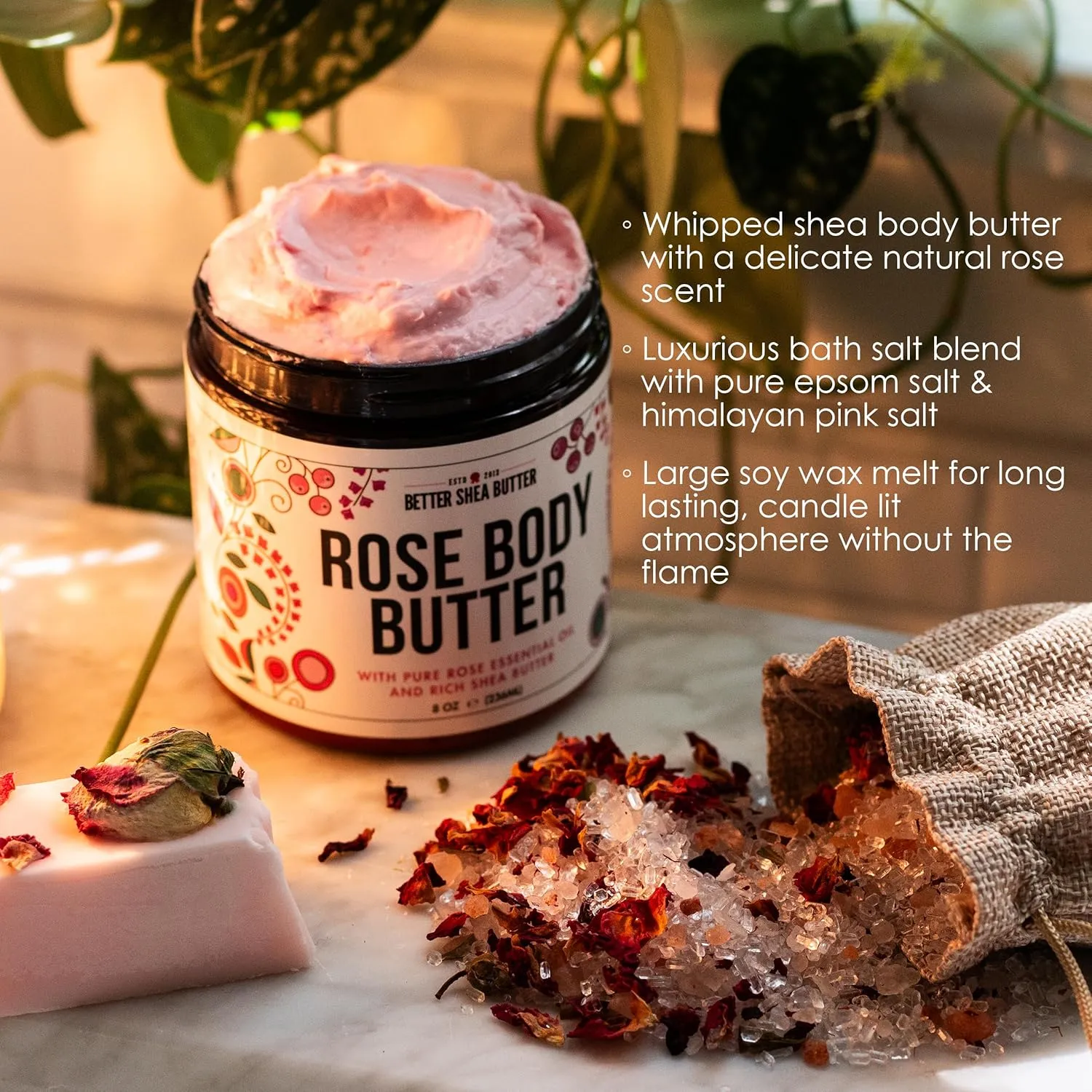 Natural Spa Gift Set for Women, Luxury Bath Set with Rose Bath Salt, Non Toxic Wax Melts and Rose Body Butter – Perfect as New Mom Gifts, Stress Relief Gifts, Gift Box for Women, Self Care Kit