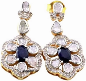 Natural Blue Sapphire, Rose Cut Polki Diamond Drop Earrings – Pave Dangle Earrings 925 Sterling Silver, Handmade Gift for Her, Polki Stud Jewelry for Women