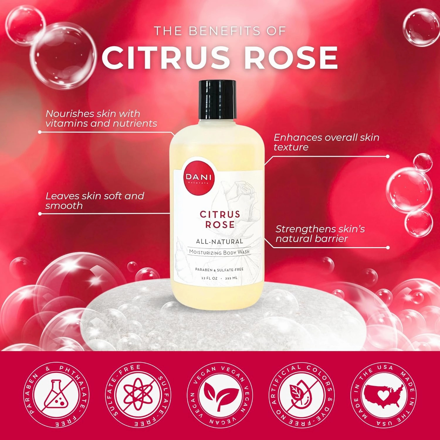 Naturals Moisturizing Body Wash - Citrus Rose Scent with Organic Aloe Vera & Natural Glycerin - Paraben & Sulfate-Free Shower Gel - 12 oz - Vegan & Cruelty-Free