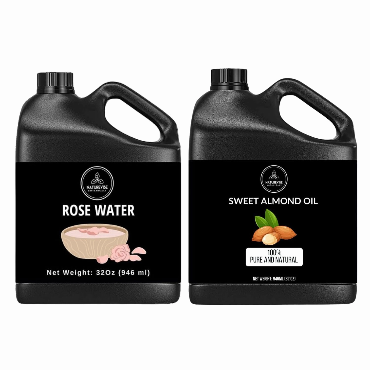 Naturevibe Botanicals Premium Rose Water 32oz and Sweet Almond Oil 32oz | Oil Combo.
