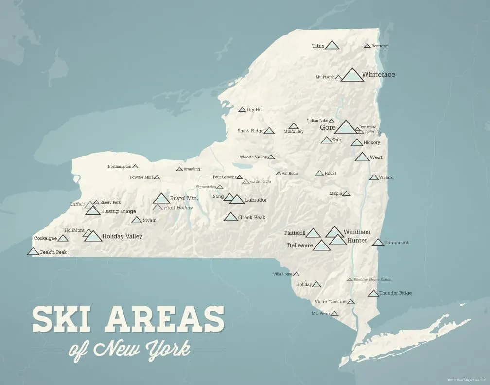 New York Ski Resorts Map 11x14 Print (Beige & Opal Blue)