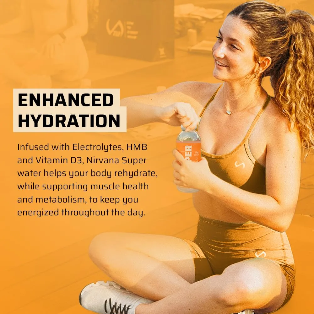 Nirvana Super Water Orange Peach - HMB Infused Beverage with Vitamin D - Natural Spring Water, Pure Hydration   Muscle and Bone Support - (16.9 fl oz - 12 Bottles)