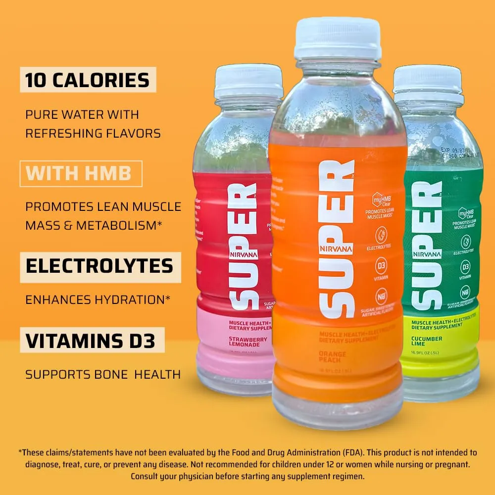 Nirvana Super Water Orange Peach - HMB Infused Beverage with Vitamin D - Natural Spring Water, Pure Hydration   Muscle and Bone Support - (16.9 fl oz - 12 Bottles)