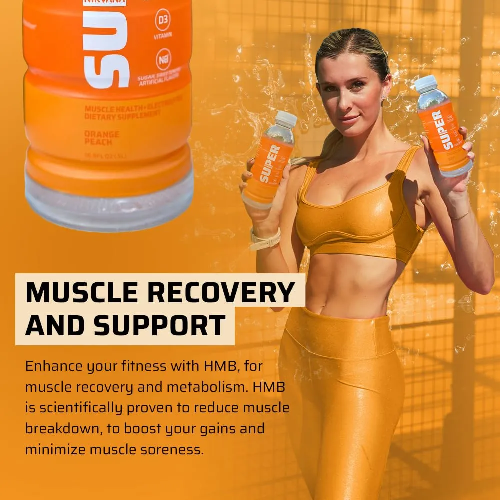 Nirvana Super Water Orange Peach - HMB Infused Beverage with Vitamin D - Natural Spring Water, Pure Hydration   Muscle and Bone Support - (16.9 fl oz - 12 Bottles)