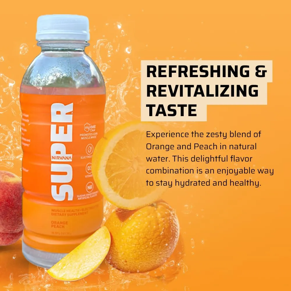 Nirvana Super Water Orange Peach - HMB Infused Beverage with Vitamin D - Natural Spring Water, Pure Hydration   Muscle and Bone Support - (16.9 fl oz - 12 Bottles)