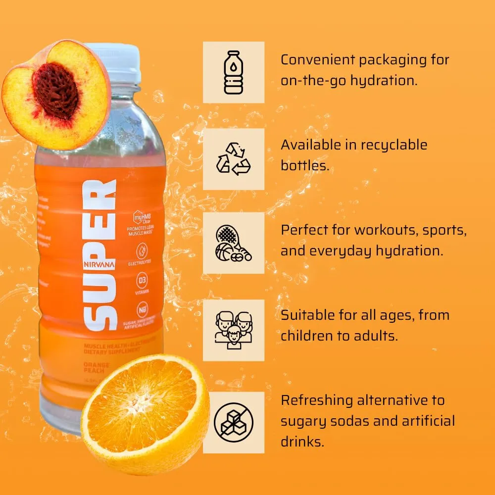 Nirvana Super Water Orange Peach - HMB Infused Beverage with Vitamin D - Natural Spring Water, Pure Hydration   Muscle and Bone Support - (16.9 fl oz - 12 Bottles)