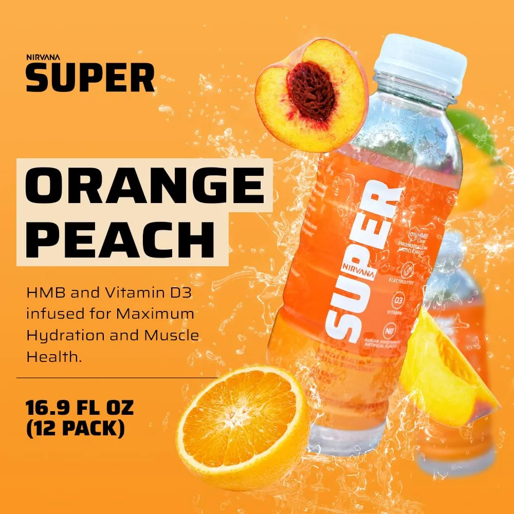 Nirvana Super Water Orange Peach - HMB Infused Beverage with Vitamin D - Natural Spring Water, Pure Hydration   Muscle and Bone Support - (16.9 fl oz - 12 Bottles)