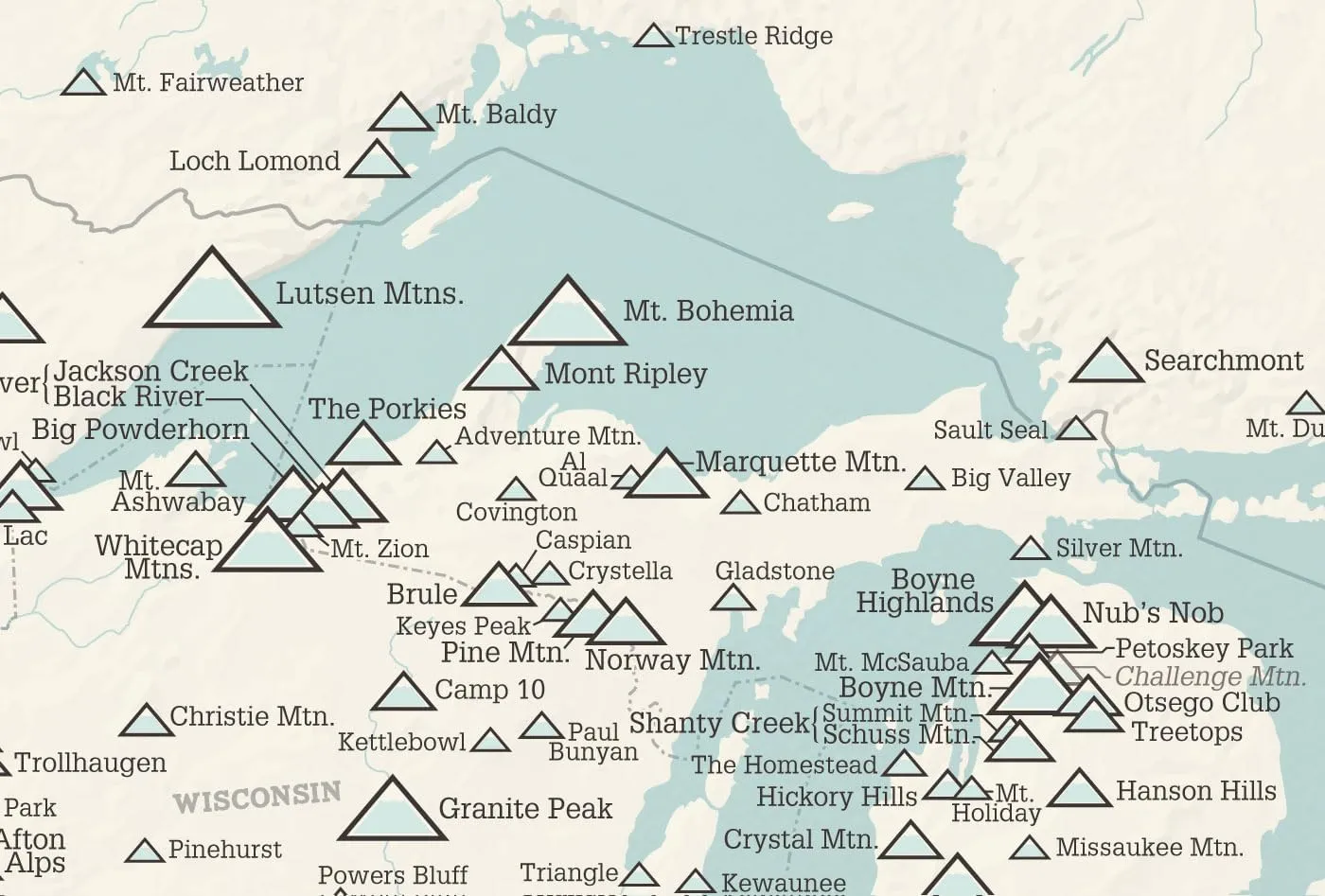 North America Ski Resorts Map 24x36 Poster (Beige & Opal Blue)