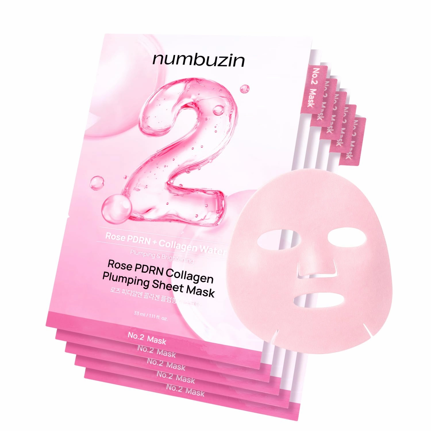 numbuzin No.2 Sheet Mask | Rose PDRN Collagen Plumping Sheet Mask | Korean Mask for face | Brightening, Hydrating, Firming and Moisturizing | Collagen, Peptides, PDRN | 4ea