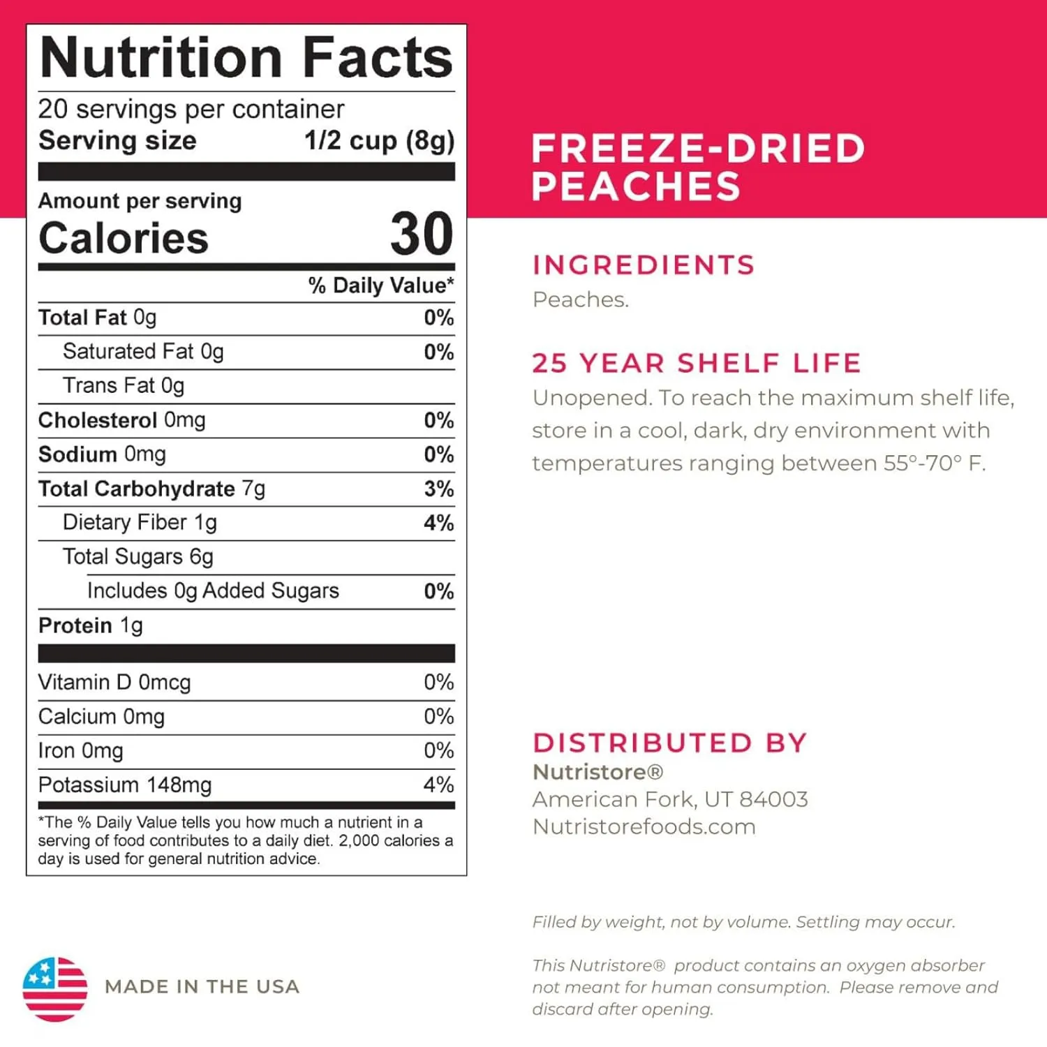 Nutristore Freeze Dried Peaches | 100% Natural, Healthy Fruit Snacks | Bulk #10 Can | Premium Quality & Crispy Fresh Taste | Emergency Survival Food Supply | 24 Servings | 25 Year Shelf Life