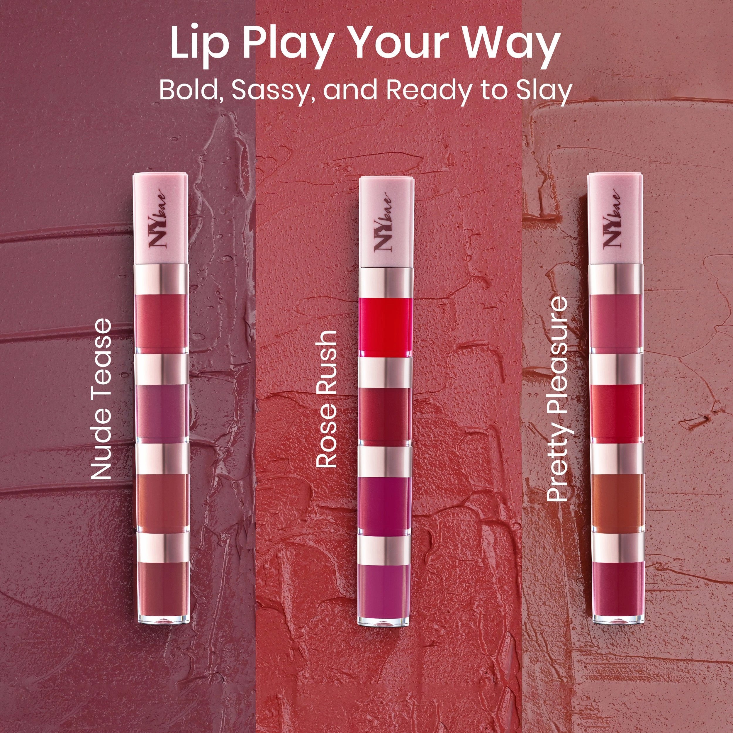 NY Bae 4IN1 Lip Play Liquid Lipstick - Rose Rush (4ml) | Matte Lips | Super Pigmented | Multi-Use | Maroon & Red Shades | Travel Kit