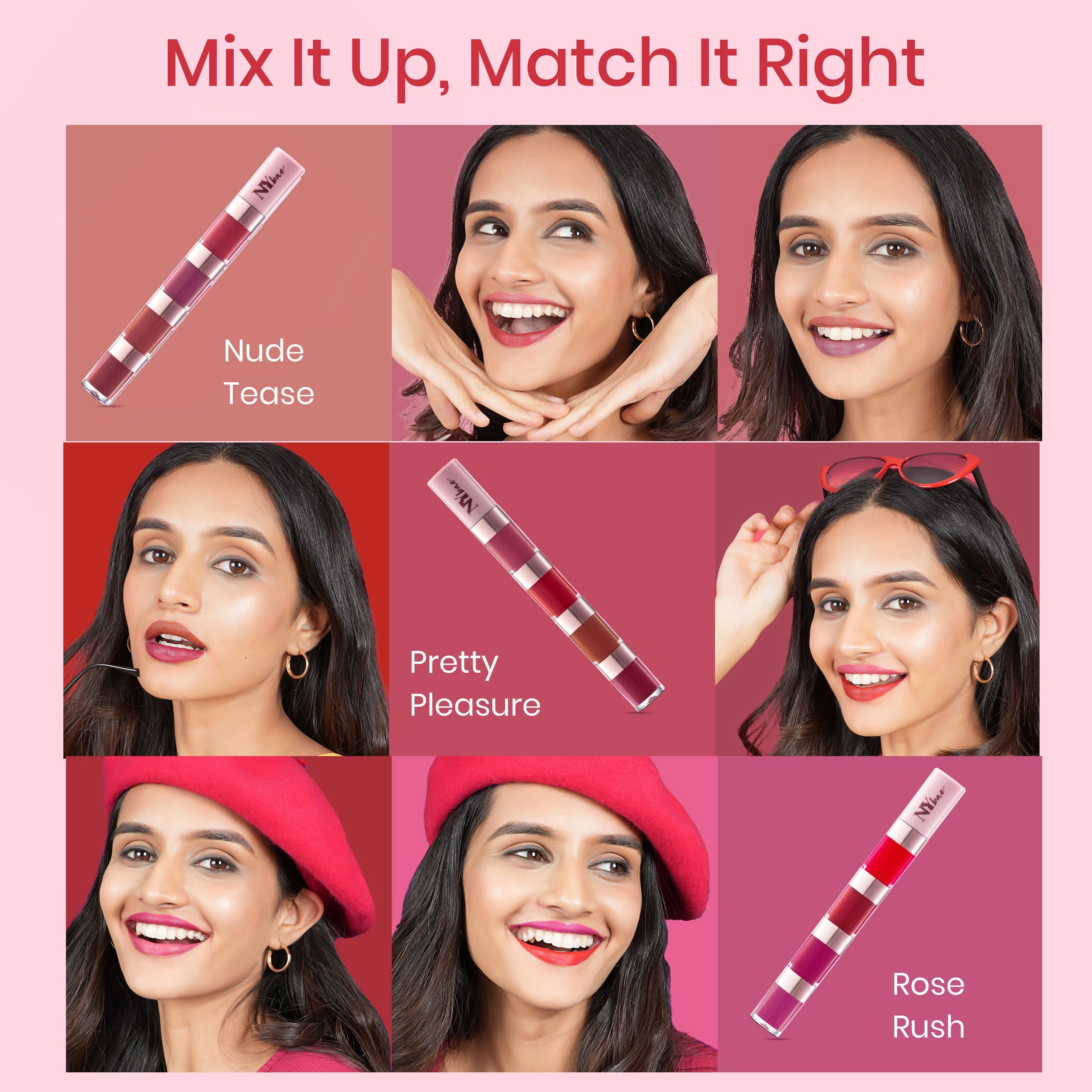 NY Bae 4IN1 Lip Play Liquid Lipstick - Rose Rush (4ml) | Matte Lips | Super Pigmented | Multi-Use | Maroon & Red Shades | Travel Kit