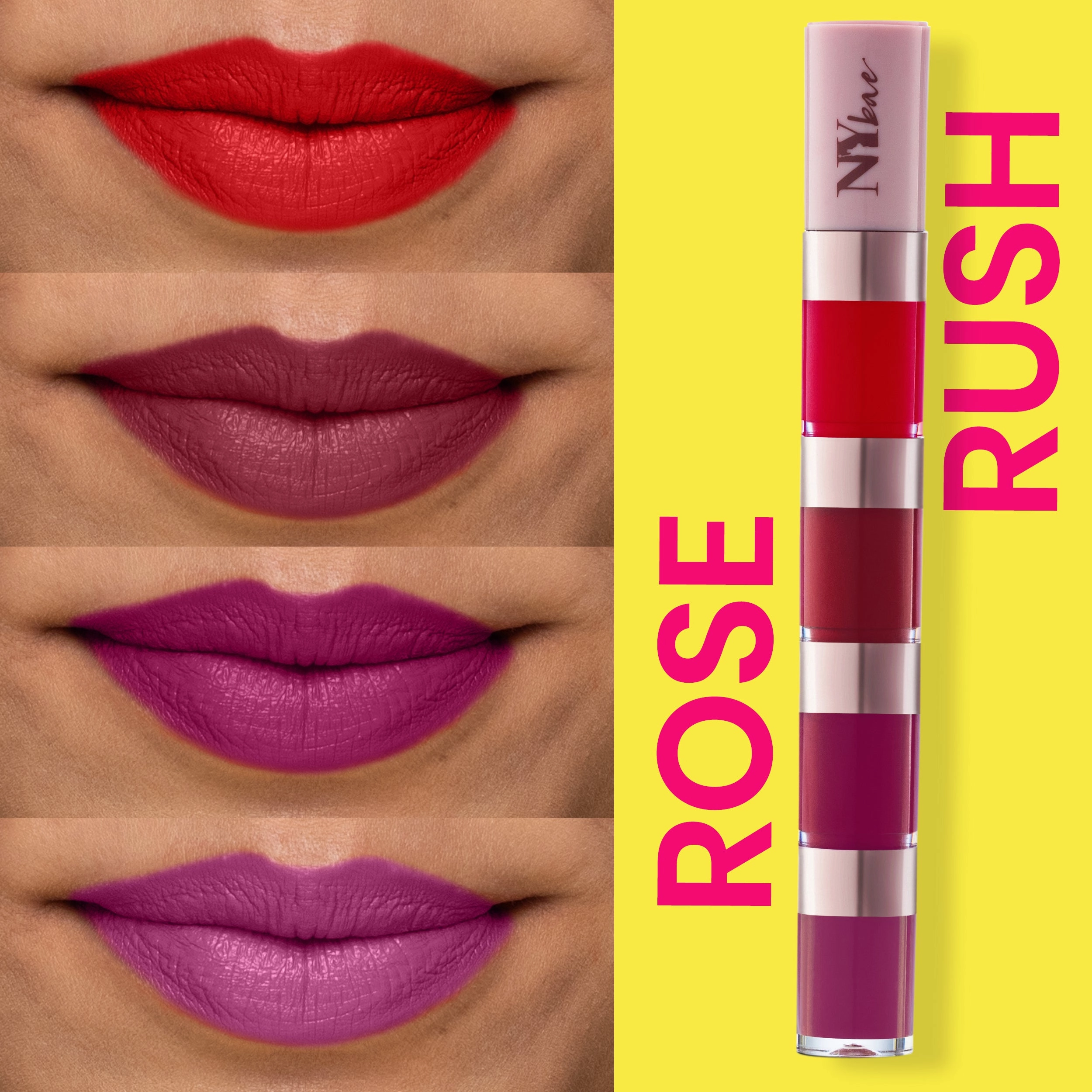 NY Bae 4IN1 Lip Play Liquid Lipstick - Rose Rush (4ml) | Matte Lips | Super Pigmented | Multi-Use | Maroon & Red Shades | Travel Kit