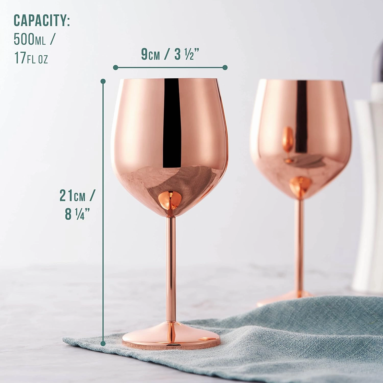 Oak & Steel - 2 Rose Gold Stainless Steel Wine Glasses (18 Oz) Unbreakable Metal Wine Glasses, Wine Goblets with Gift Box for House Warming, Valentines, Anniversary