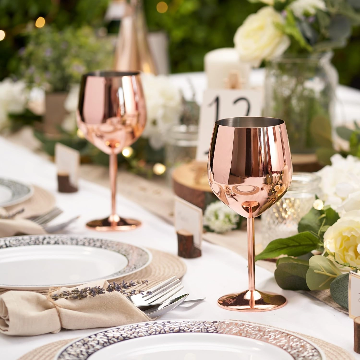 Oak & Steel - 2 Rose Gold Stainless Steel Wine Glasses (18 Oz) Unbreakable Metal Wine Glasses, Wine Goblets with Gift Box for House Warming, Valentines, Anniversary