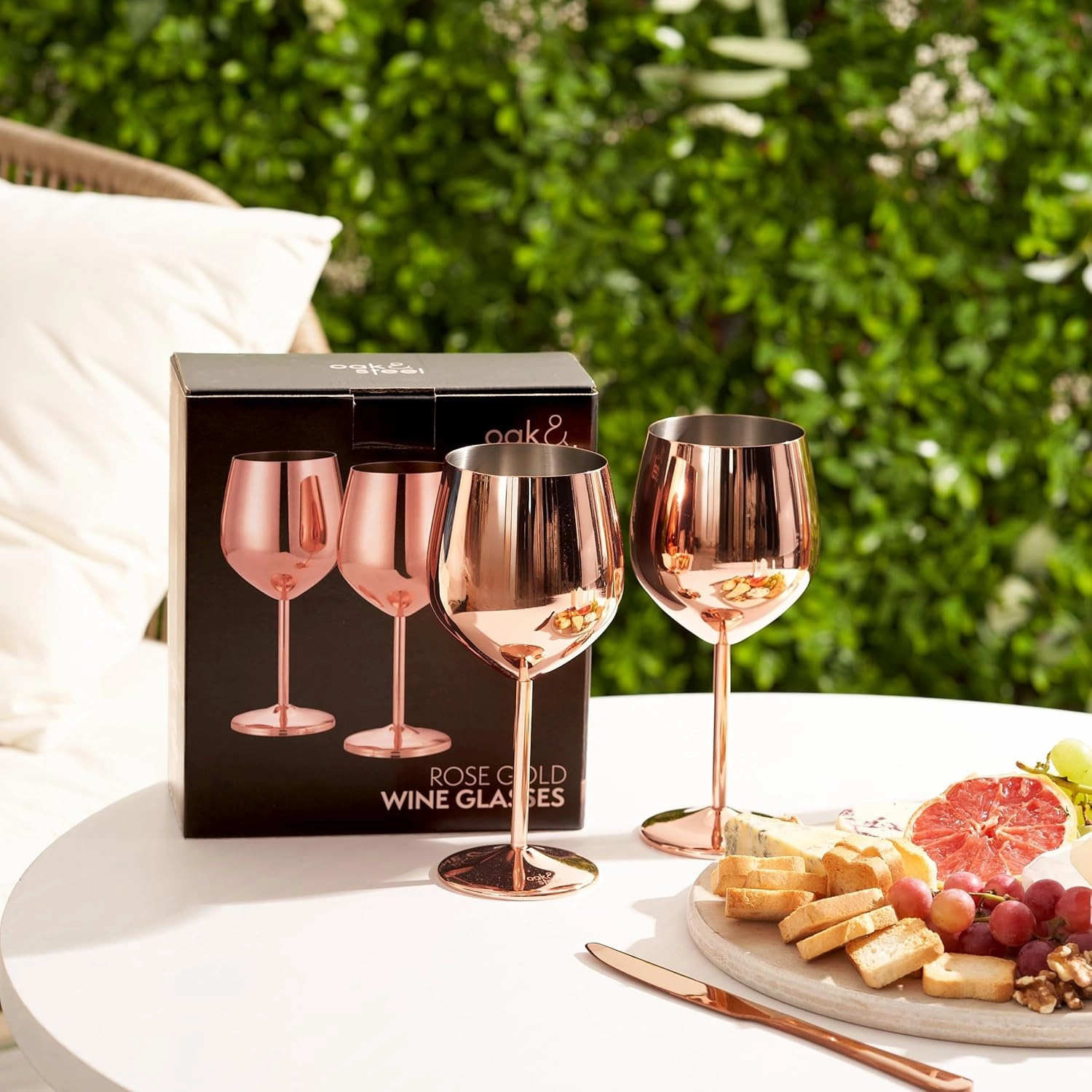 Oak & Steel - 2 Rose Gold Stainless Steel Wine Glasses (18 Oz) Unbreakable Metal Wine Glasses, Wine Goblets with Gift Box for House Warming, Valentines, Anniversary