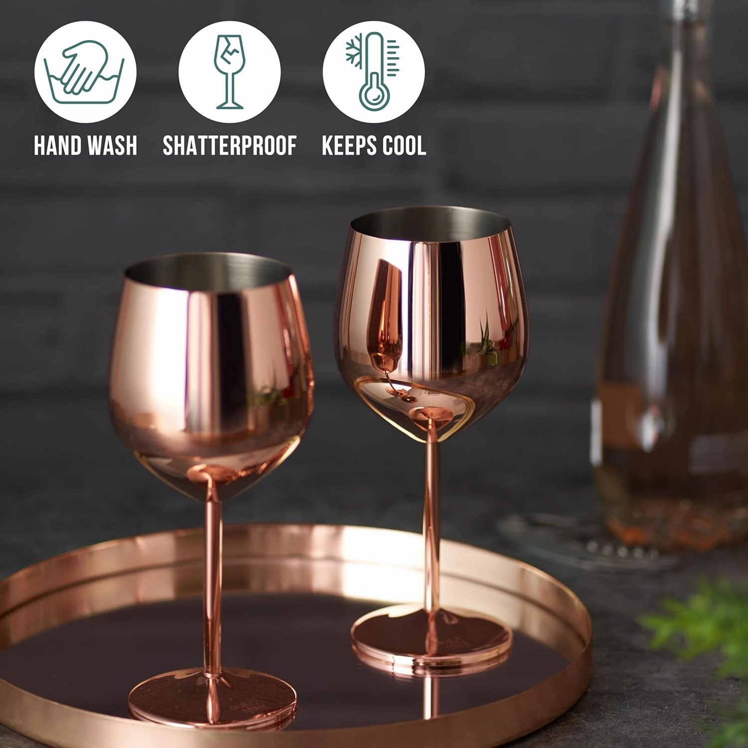 Oak & Steel - 2 Rose Gold Stainless Steel Wine Glasses (18 Oz) Unbreakable Metal Wine Glasses, Wine Goblets with Gift Box for House Warming, Valentines, Anniversary