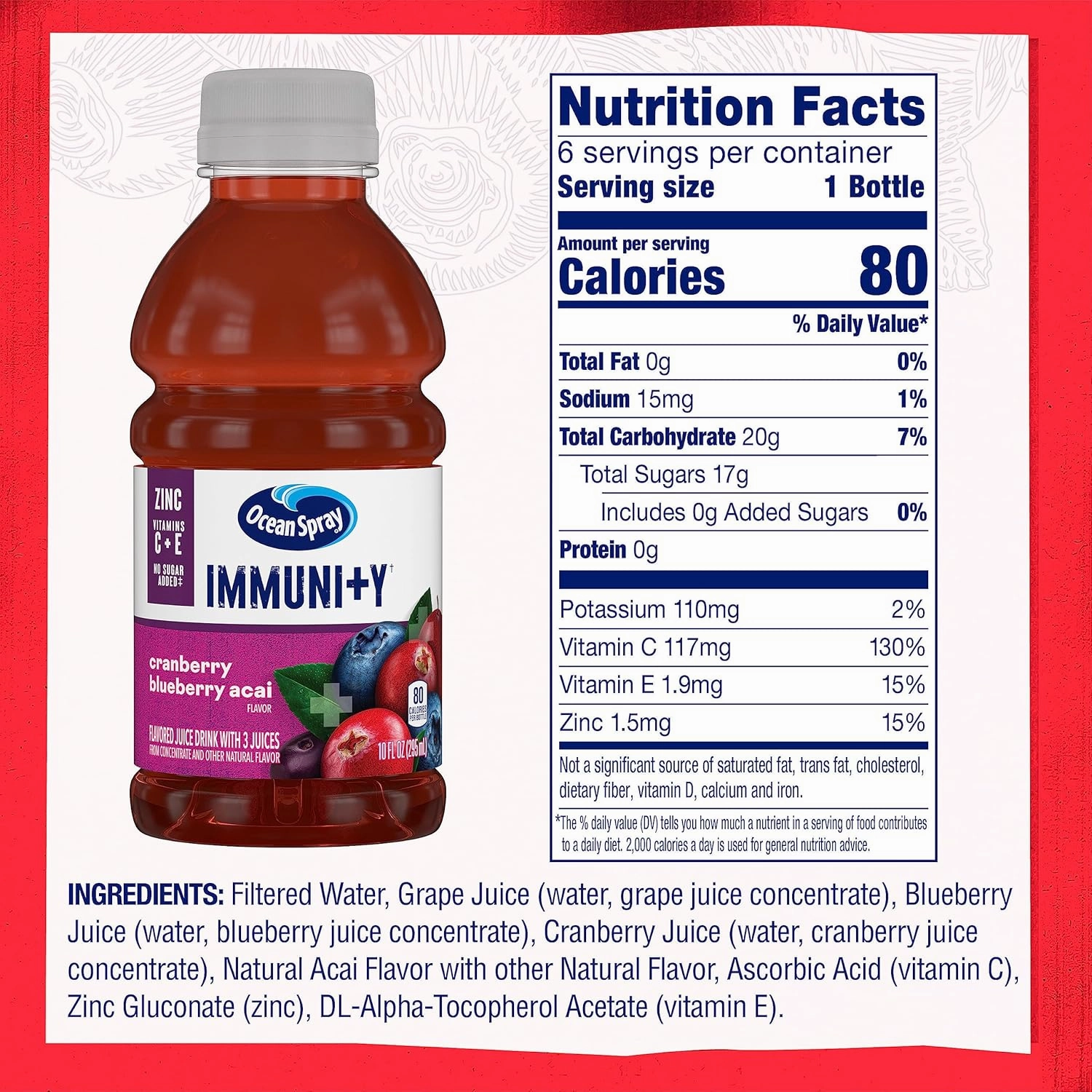 Ocean Spray Immunity Cranberry Blueberry Acai Flavored Juice Drinks, 10 Fl Oz Bottles, 6 Count (Pack of 4)