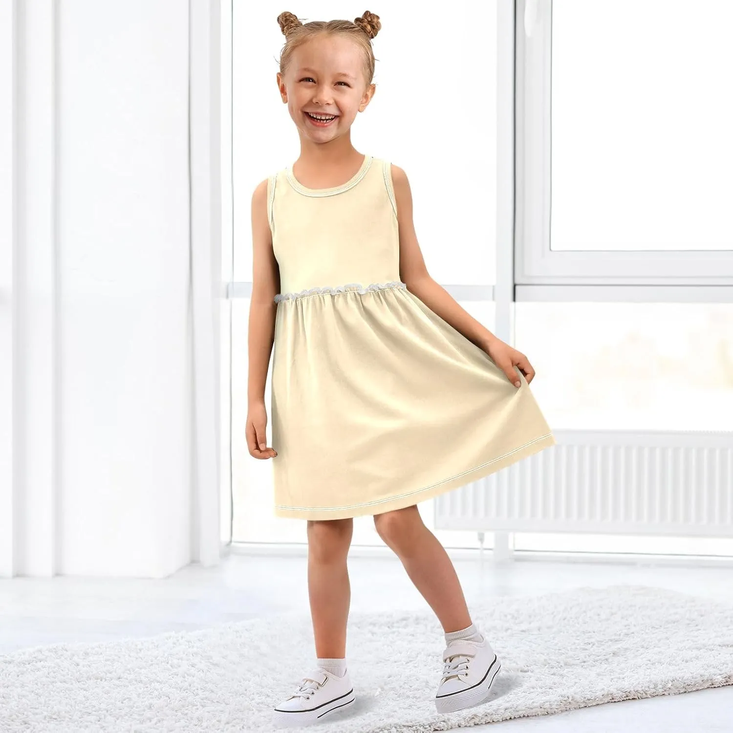 ODAWA Peach Puff Girls Sleeveless Dress Girls Casual Sundresses A-Line Girls Casual Dress for 2-8 Years Old Kids