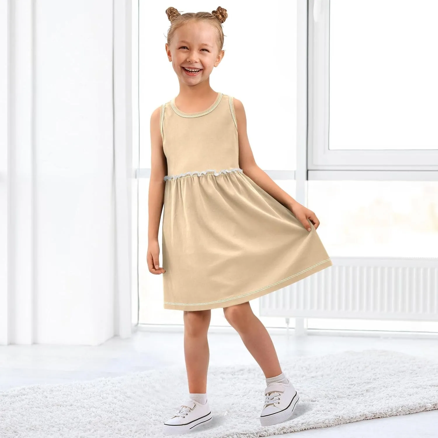 ODAWA Peach Puff Girls Sleeveless Dress Girls Casual Sundresses A-Line Girls Casual Dress for 2-8 Years Old Kids