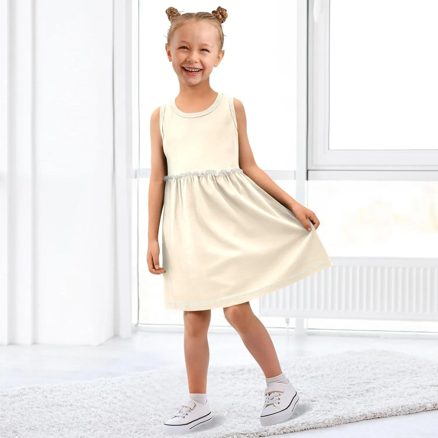ODAWA Peach Puff Girls Sleeveless Dress Girls Casual Sundresses A-Line Girls Casual Dress for 2-8 Years Old Kids