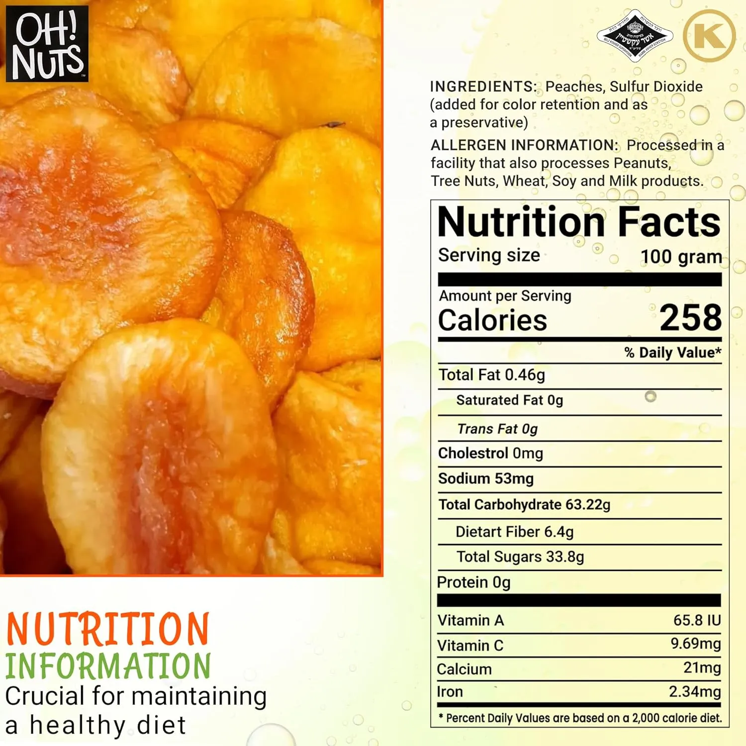 Oh! Nuts Dried Peaches California - 2 LB - Dried Fruit Slices - No Sugar Added - Packed in New York Zip-Seal Bag for Exceptional Freshness