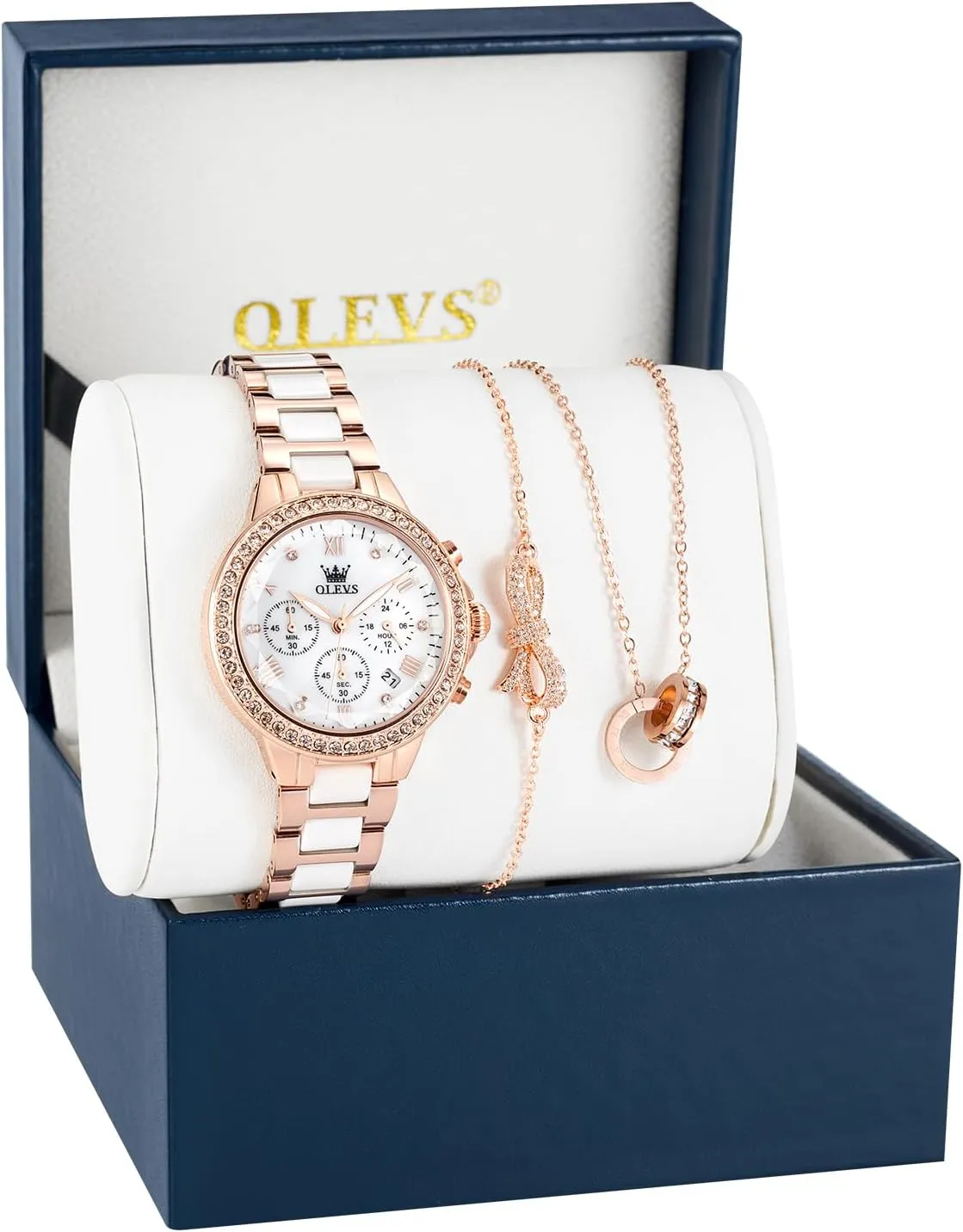 OLEVS Women Watch Set Shinning Diamond Rose Gold Elegant Luxury Ladies Dress Wrist Watches Necklaces & Bracelets