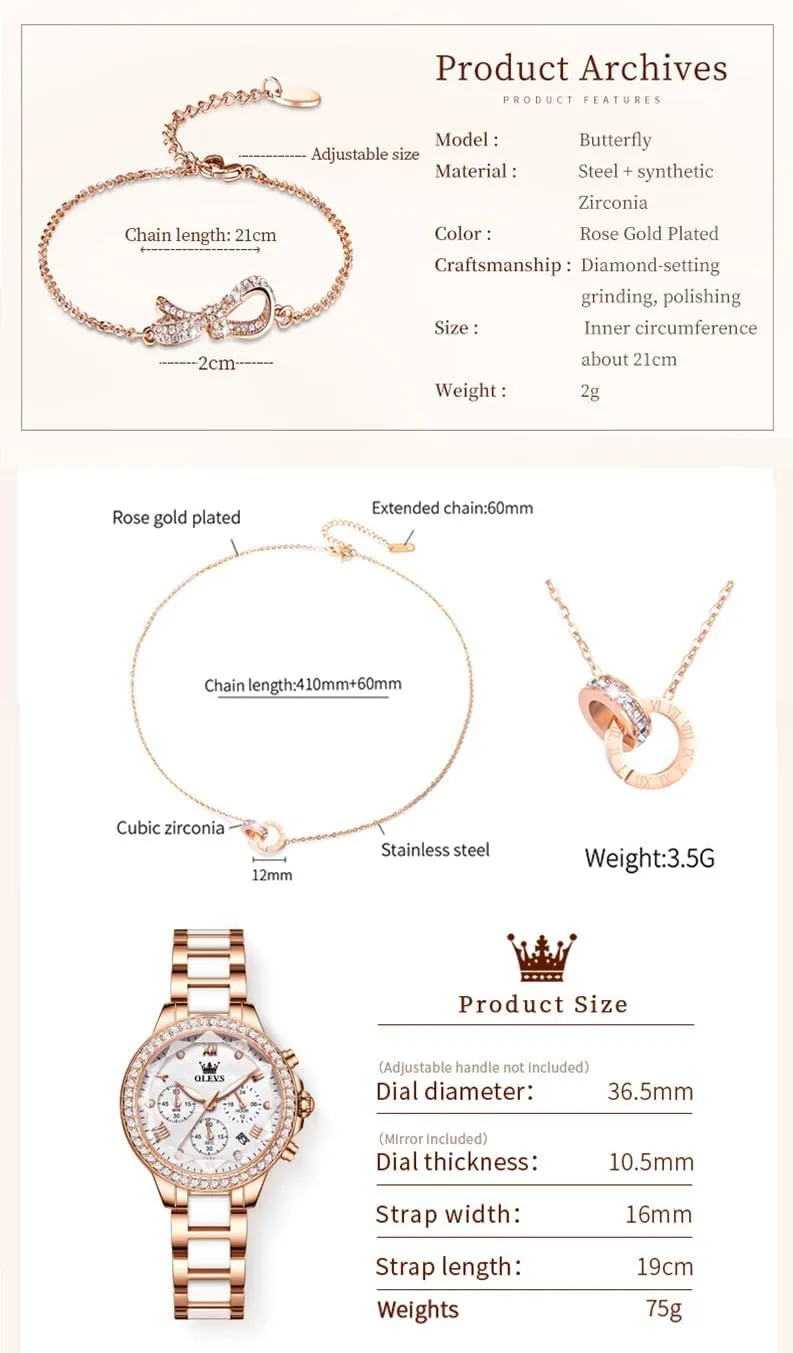 OLEVS Women Watch Set Shinning Diamond Rose Gold Elegant Luxury Ladies Dress Wrist Watches Necklaces & Bracelets