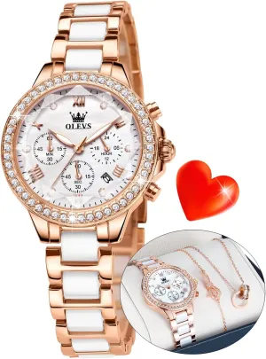 OLEVS Women Watch Set Shinning Diamond Rose Gold Elegant Luxury Ladies Dress Wrist Watches Necklaces & Bracelets