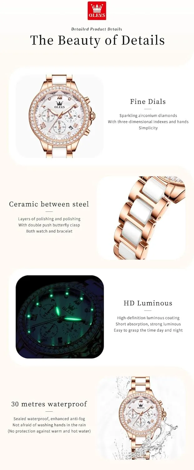 OLEVS Women Watch Set Shinning Diamond Rose Gold Elegant Luxury Ladies Dress Wrist Watches Necklaces & Bracelets