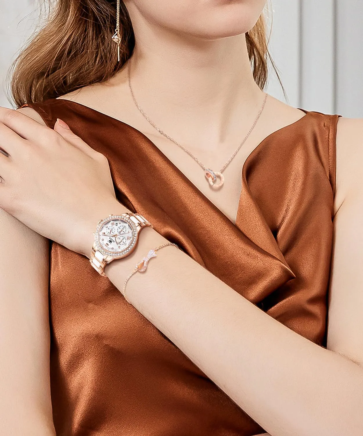 OLEVS Women Watch Set Shinning Diamond Rose Gold Elegant Luxury Ladies Dress Wrist Watches Necklaces & Bracelets