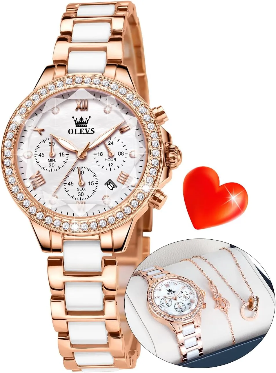 OLEVS Women Watch Set Shinning Diamond Rose Gold Elegant Luxury Ladies Dress Wrist Watches Necklaces & Bracelets