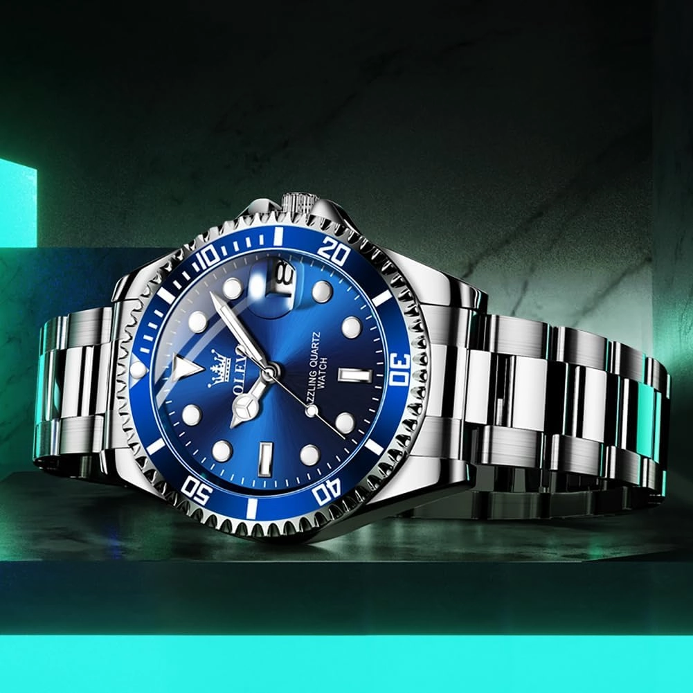 OLEVS Watches Men Waterproof Luxury Big Face Mens Watch Stainless Steel Day Date Quartz Analog Dress Watches for Men Luminous Relojes De Hombre (Green/Blue/Black/Gold)
