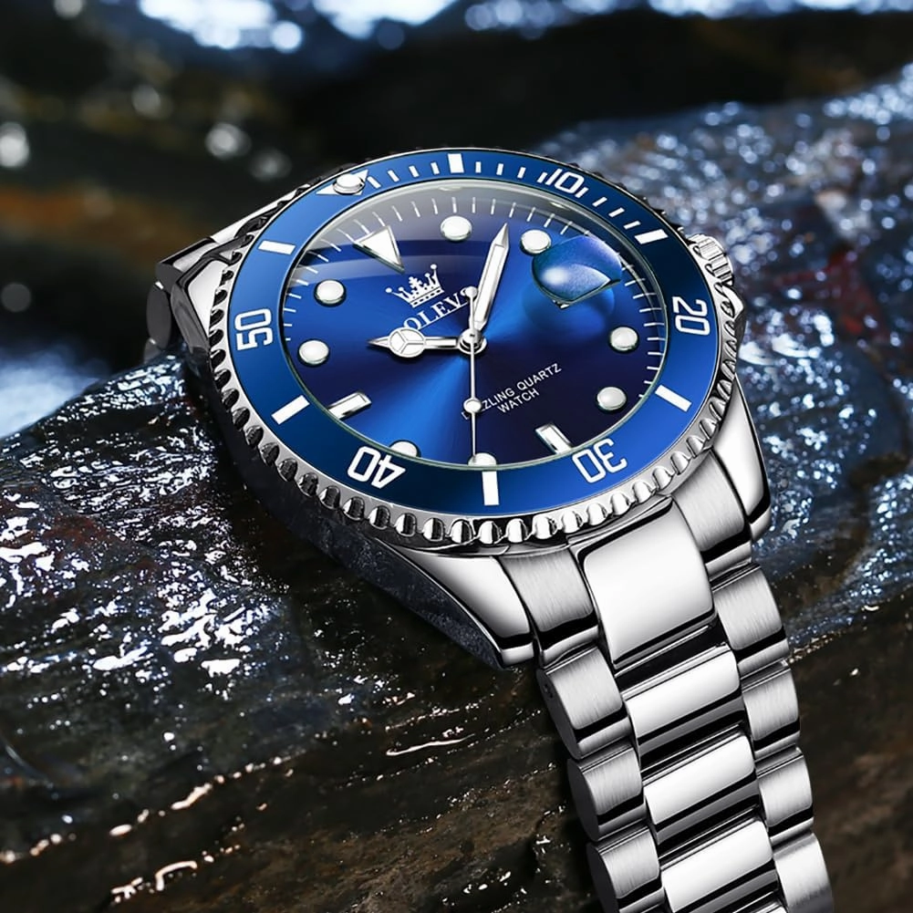 OLEVS Watches Men Waterproof Luxury Big Face Mens Watch Stainless Steel Day Date Quartz Analog Dress Watches for Men Luminous Relojes De Hombre (Green/Blue/Black/Gold)