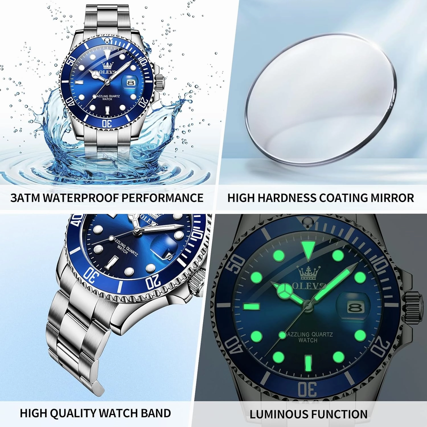 OLEVS Watches Men Waterproof Luxury Big Face Mens Watch Stainless Steel Day Date Quartz Analog Dress Watches for Men Luminous Relojes De Hombre (Green/Blue/Black/Gold)