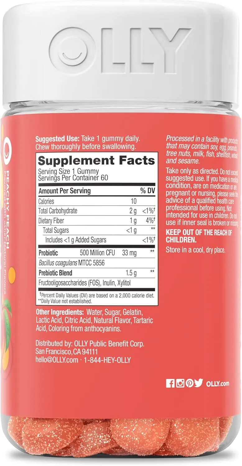 OLLY Probiotic   Prebiotic Gummy, Digestive Support and Gut Health, 500 Million CFUs, Fiber, Adult Chewable Supplement for Men and Women, Peach, 60 Day Supply - 60 Count