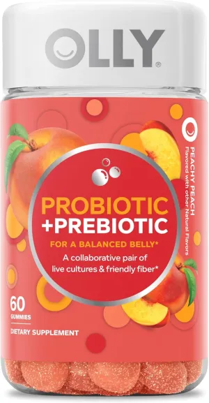 OLLY Probiotic   Prebiotic Gummy, Digestive Support and Gut Health, 500 Million CFUs, Fiber, Adult Chewable Supplement for Men and Women, Peach, 60 Day Supply - 60 Count