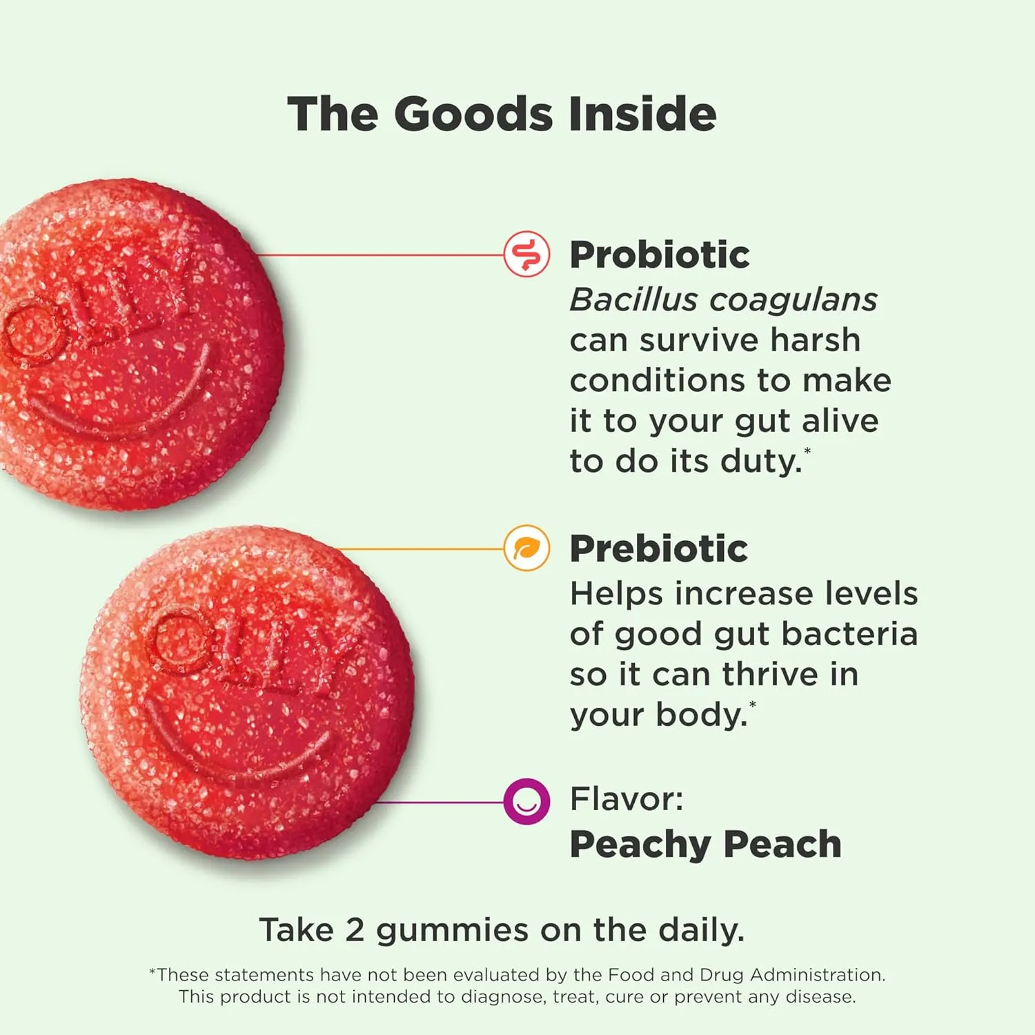OLLY Probiotic   Prebiotic Gummy, Digestive Support and Gut Health, 500 Million CFUs, Fiber, Adult Chewable Supplement for Men and Women, Peach, 60 Day Supply - 60 Count
