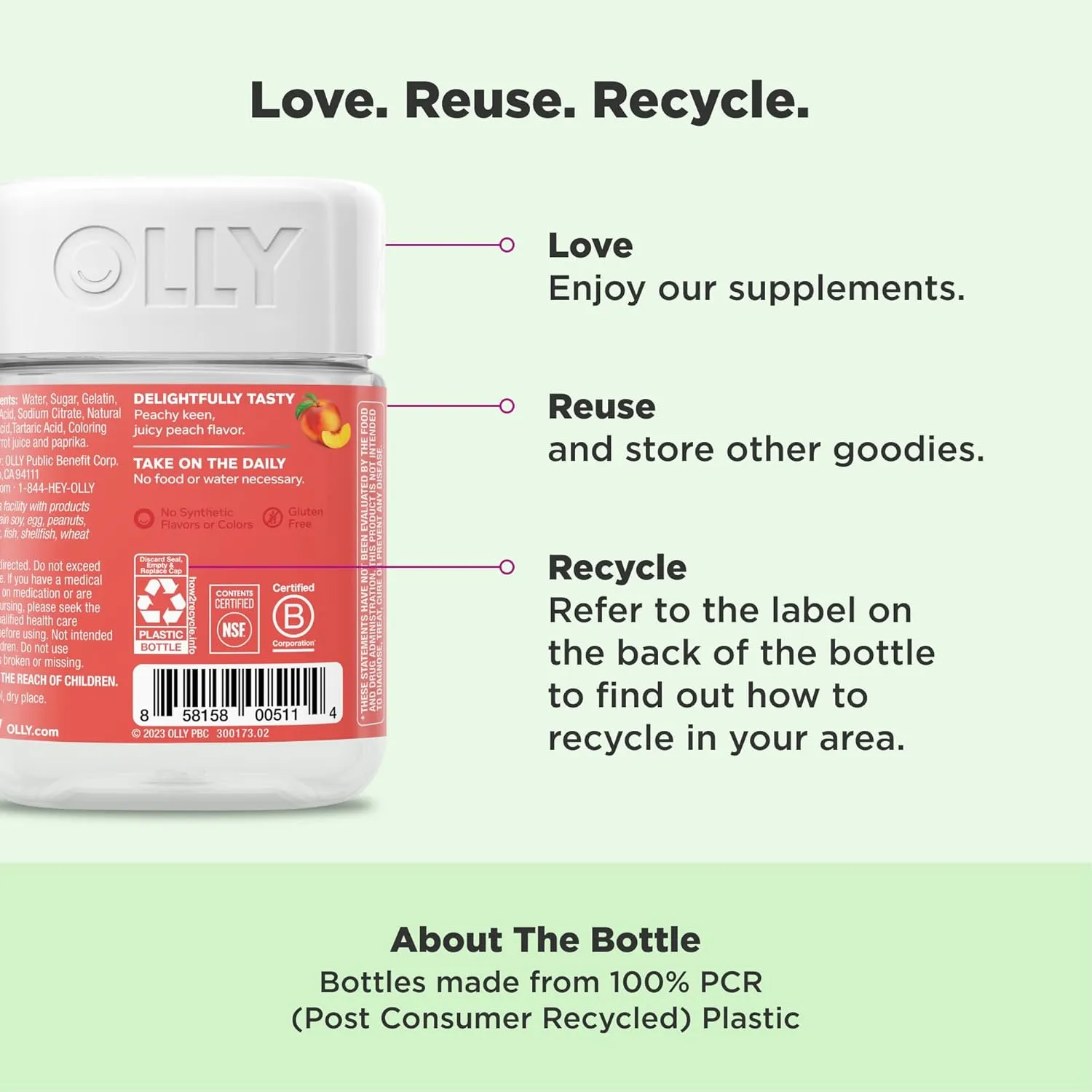 OLLY Probiotic   Prebiotic Gummy, Digestive Support and Gut Health, 500 Million CFUs, Fiber, Adult Chewable Supplement for Men and Women, Peach, 60 Day Supply - 60 Count