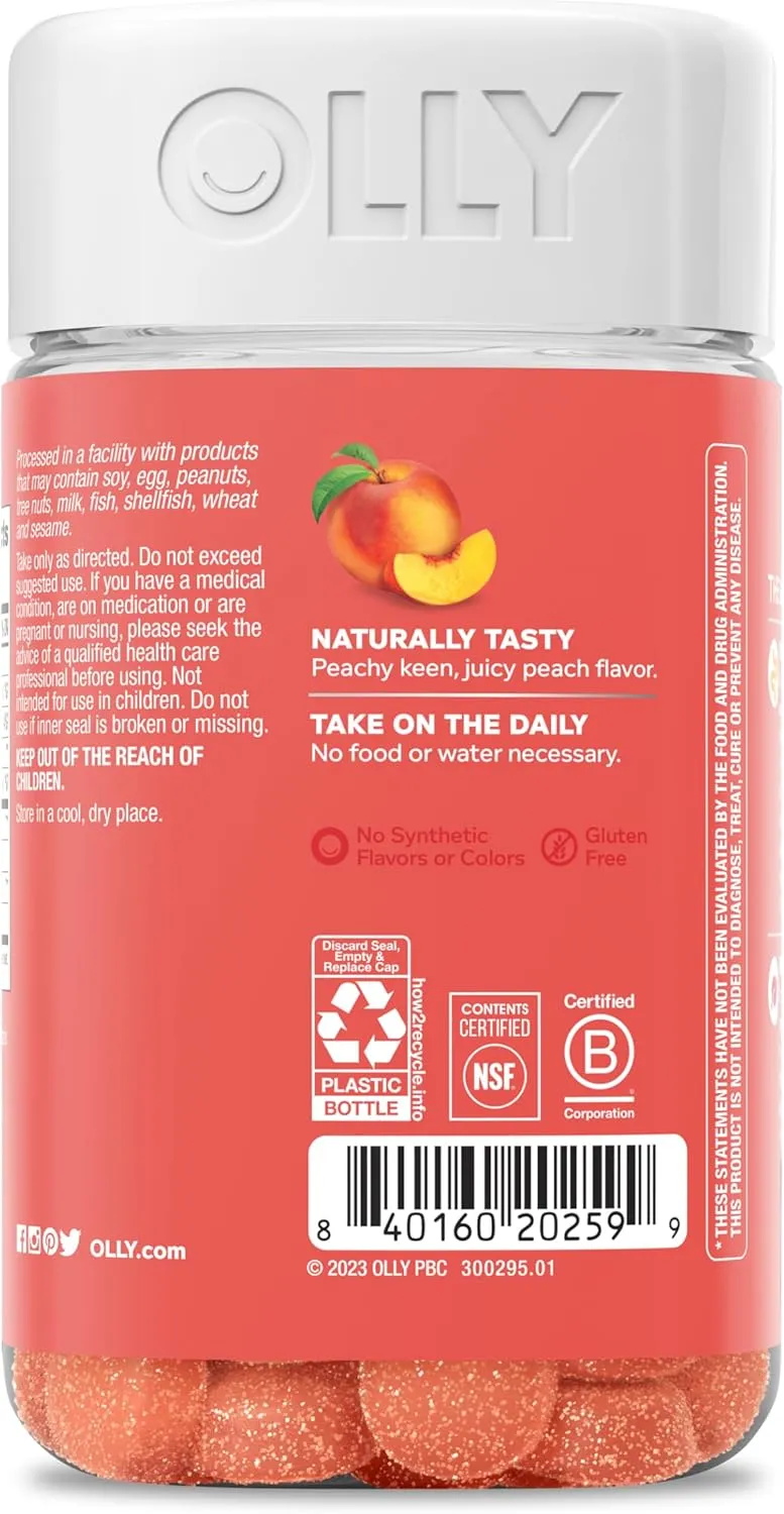 OLLY Probiotic   Prebiotic Gummy, Digestive Support and Gut Health, 500 Million CFUs, Fiber, Adult Chewable Supplement for Men and Women, Peach, 60 Day Supply - 60 Count
