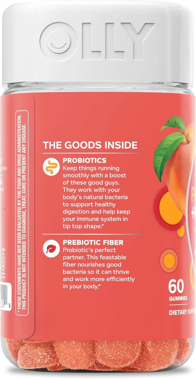 OLLY Probiotic   Prebiotic Gummy, Digestive Support and Gut Health, 500 Million CFUs, Fiber, Adult Chewable Supplement for Men and Women, Peach, 60 Day Supply - 60 Count
